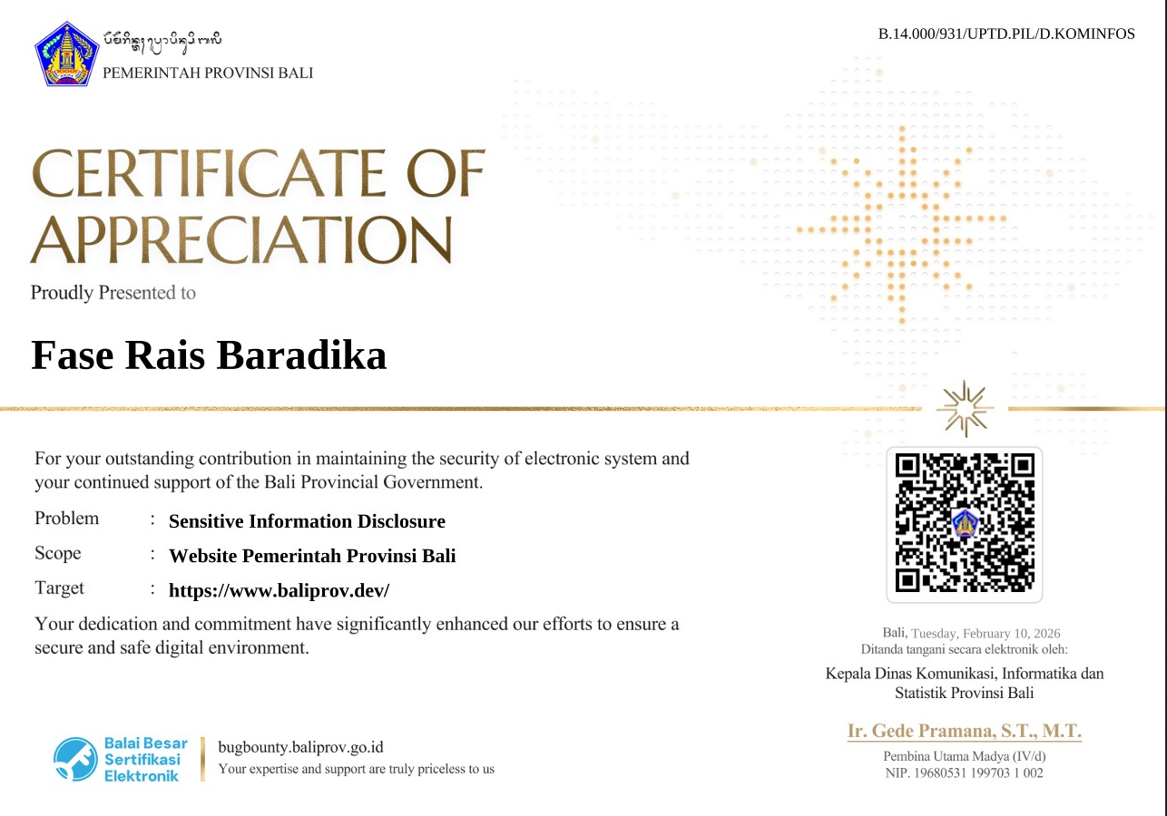 Certificate of Appreciation - Dinkominfotik Provinsi Bali
