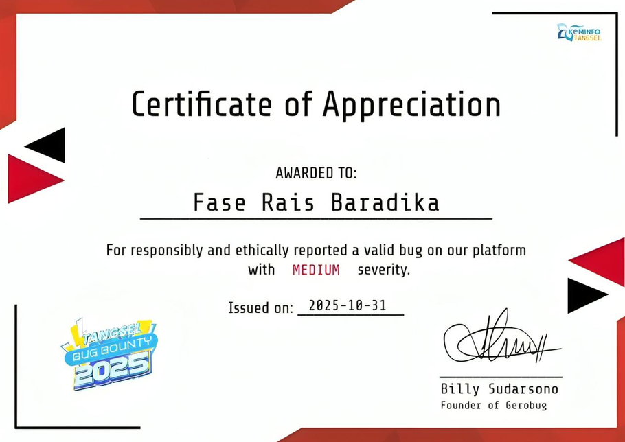 Certificate of Appreciation - Bug Bounty Tangsel 2025