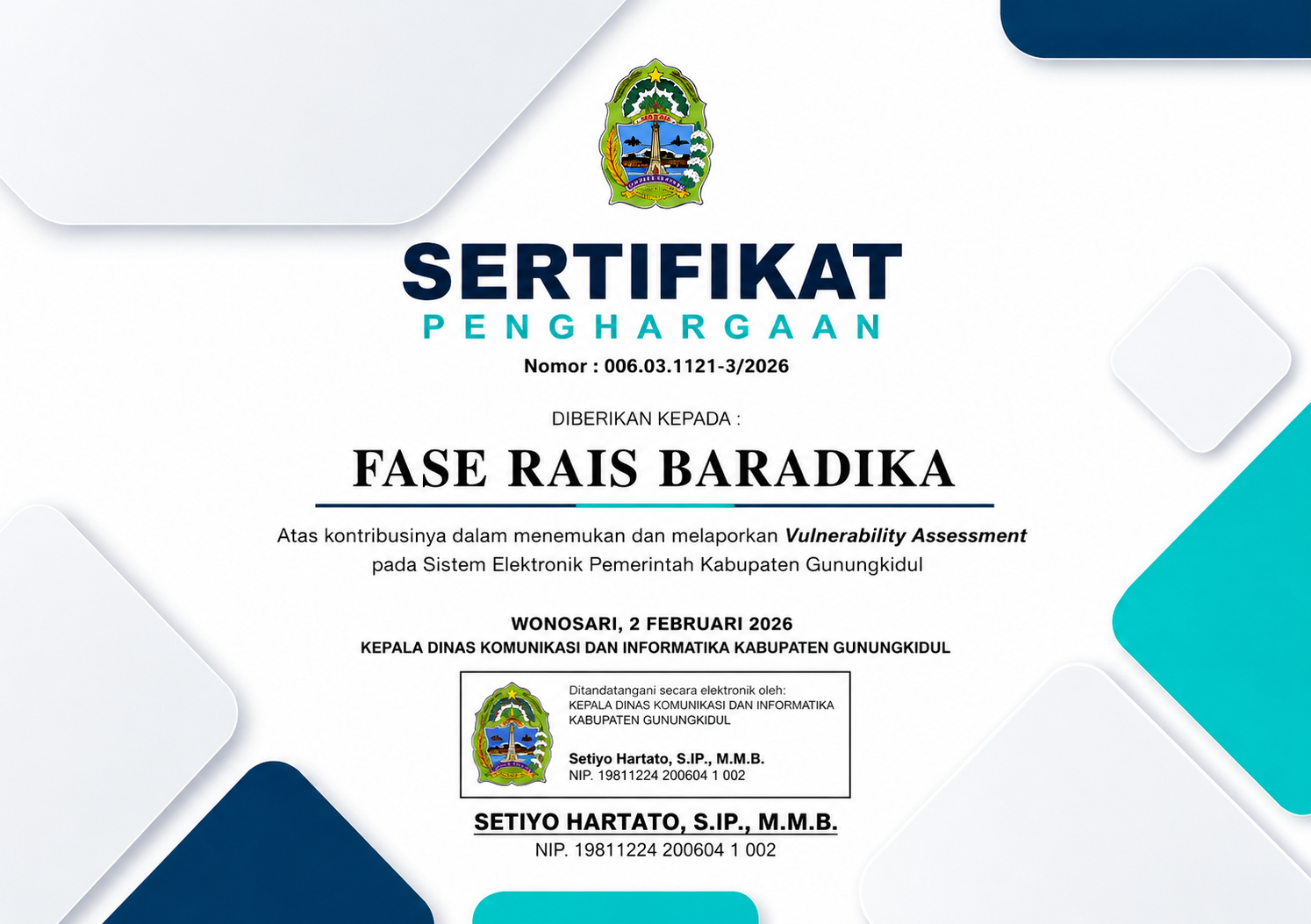 Certificate of Appreciation - Dinkominfo Kabupaten Gunungkidul