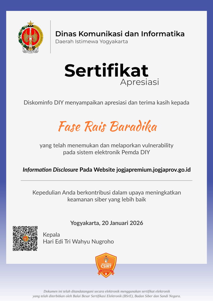 Certificate of Appreciation - Dinkominfo DIY