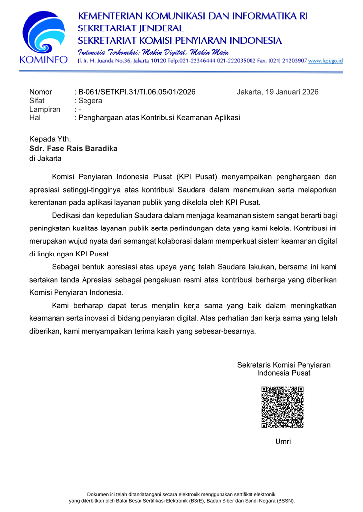 Certificate of Appreciation - Komisi Penyiaran Indonesia