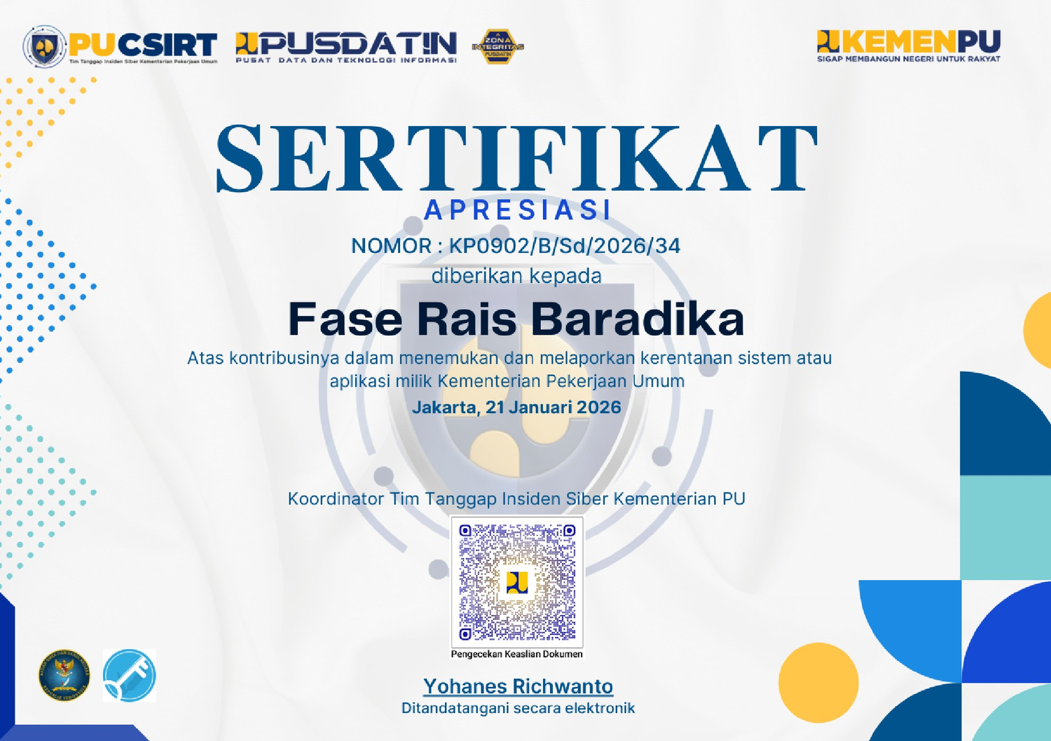 Certificate of Appreciation - Kementerian Pekerjaan Umum