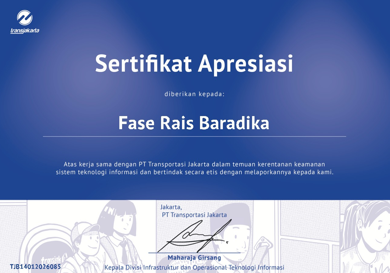 Certificate of Appreciation - PT Transportasi Jakarta