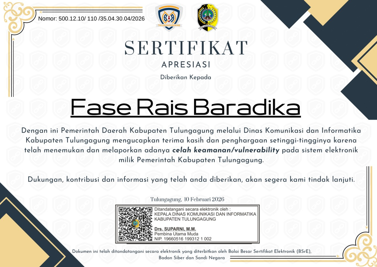 Certificate of Appreciation - Dinkominfo Kabupaten Tulungagung